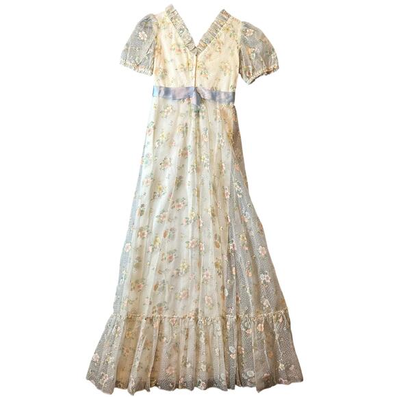 Vintage 70s Sheer Floral Maxi Dress Cottagecore Prairie Lace Puff Sleeve Gown XS - Picture 5 of 7